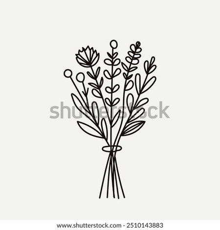 Vector black flowers bouquet, illustration outlinne  image ,botanical lines art flower, Minimalist contour drawing of flower. line drawing of flower botany.Hand drawn sketch of flower with leaves.