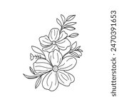 Vector black flowers icon, illustration silhouette image ,botanical lines art flower, Minimalist contour drawing of flower. line drawing of flower botany.Hand drawn sketch of flower with leaves.