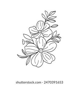 Vector black flowers icon, illustration silhouette image ,botanical lines art flower, Minimalist contour drawing of flower. line drawing of flower botany.Hand drawn sketch of flower with leaves.