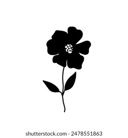 Vector black flowers icon, illustration silhouette image ,botanical lines art flower, Hand drawn sketch of flower with leaves.