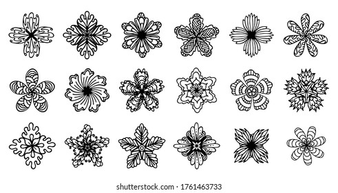Vektorschwarze Blumen, Umriss-Schnitt, stylischer dekorativer Blumenset einzeln auf weißem Hintergrund, orate-, Zierblumenkollektion, für Ihre Designprojekte wie Logo, Etikett, Flyer, Banner 