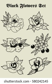 Vector Black Flowers Stickers Set Traditional Tattoo Designs 