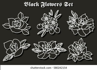 Vector Black Flowers Stickers Set Traditional Tattoo Designs 