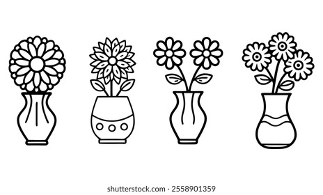 Vector black flowers vase doodle different floral bouquets, illustration outlinne image ,botanical lines art flower, Minimalist contour drawing of flower.