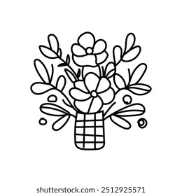 Vector black flowers  vase icon, simple outline Hand-drawn Flowers  bouquet image ,botanical lines art flower, Minimalist contour drawing of flower pot. 