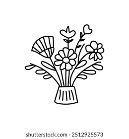 Vector black flowers  vase icon, simple outline Hand-drawn Flowers  bouquet image ,botanical lines art flower, Minimalist contour drawing of flower pot. 