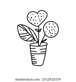 Vector black flowers  vase icon, simple outline Hand-drawn Flowers  bouquet image ,botanical lines art flower, Minimalist contour drawing of flower pot. 