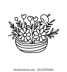 Vector black flowers  vase icon, simple outline Hand-drawn Flowers  bouquet image ,botanical lines art flower, Minimalist contour drawing of flower pot. 