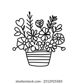 Vector black flowers  vase icon, simple outline Hand-drawn Flowers  bouquet image ,botanical lines art flower, Minimalist contour drawing of flower pot. 