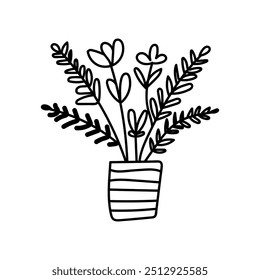 Vector black flowers  vase icon, simple outline Hand-drawn Flowers  bouquet image ,botanical lines art flower, Minimalist contour drawing of flower pot. 