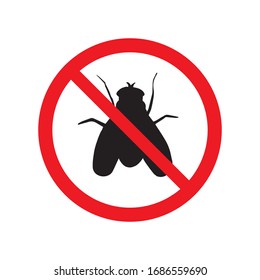 Vector black fly silhouette crossed in red circle isolated on white background. No moth insects sign