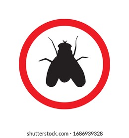 Vector black fly silhouette in red circle isolated on white background. No moth insects sign