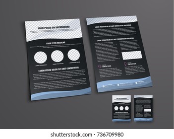 Vector black flyer design with a place for a photo in the form of a wave. Template brochures for business, advertising and printing.