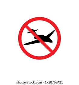 Vector black flying airplane plane silhouette in red circle crossed isolated on white background. Coronavirus pandemic quarantine no flight permission