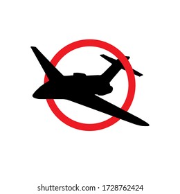 Vektor schwarze Flugflugzeugsilhouette in roten Kreis isoliert auf weißem Hintergrund. Koronavirus-Pandemie: Keine Fluggenehmigung