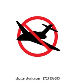 La silueta de avión volador negro vectorial cruzada en círculo rojo aislado en fondo blanco. Cuarentena de pandemia de coronavirus sin permiso de vuelo