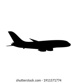 Silueta de avión volador negro vectorial aislada en fondo blanco