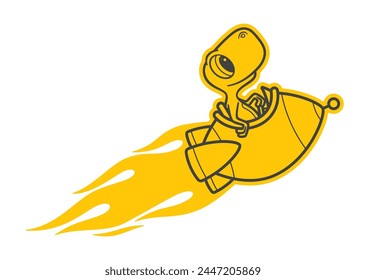 Vector negro línea voladora de dibujos animados pequeño dinosaurio sentado en una nave espacial modelo con llamas. Aislado sobre fondo blanco.