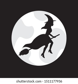Vector black flying witch silhouette and moon isolated on black background