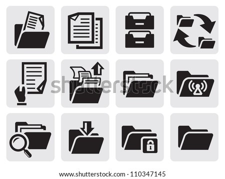 vector black folder icons set on gray