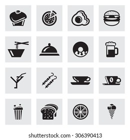 Vector black food and drink icon set on grey background