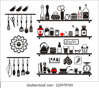 Vector black food and drinks icons set, drawn up as kitchen shelves