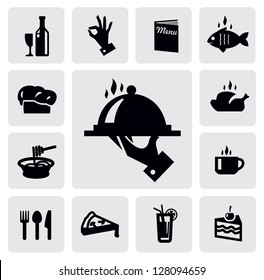 vector black food icons set on gray