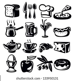 vector black food icons set on whiye