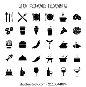 Vector black food icons set on white background.