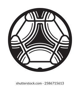 Vector black football ball with triangular rounded shapes and lines. Soccer symbol on white background.