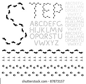 Vector black footprints alphabet on a white background