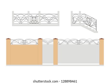 Vector black forged gate, wicket, stairway and fence isolated on white background