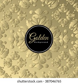 Vector black frame on the gold floral eastern background. Vector illustration. Circle label with white border. Stylized flowers and leaves.