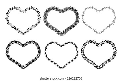 Vector black frames in shape of heart on white background.