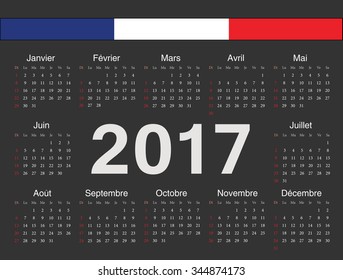 Vector black french circle calendar 2017. Week starts from Sunday.