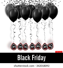 Vector. Black Friday. Black balloons isolated on white background. Black balloons with discounts on a ribbon. Sales. Black confetti on a white background.
