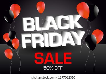 Vector black friday banner with 3D text and red, black balloons