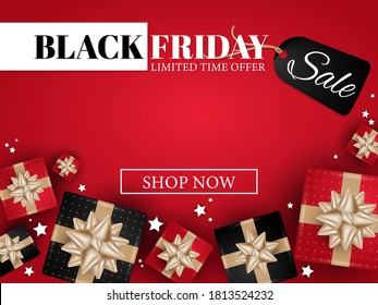 Vektor Black Friday Banner mit realistischen schwarz-roten Geschenkbox mit goldenen Bändern und kleinen Sternen auf rotem Hintergrund mit Black Friday Verkauf begrenzte Zeit Angebot und Shop Now Text. Für Banner, Flyer
