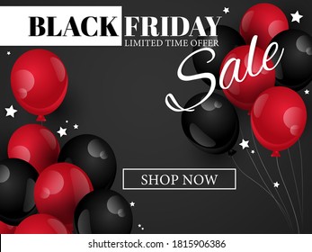 Vector Black Friday banner of realistic black and red color balloons with tiny stars on black background with Black Friday sale limited time offer and Shop Now text. For banner, flyer or template