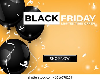 Vector Black Friday banner of realistic black color balloons on yellow background with Black Friday limited time offer and Shop Now text. For banner, flyer or template background for advertising
