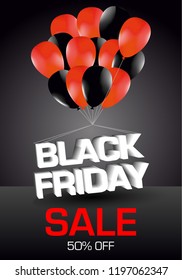 Vector black friday banner, red and black balloons fly with 3D text