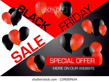 Vector black friday banner, red and black balloons with triangles