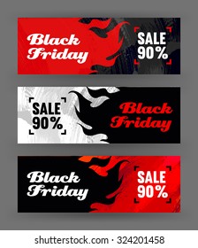 Vector Black Friday Banner Set With Brush Strokes And Stylized Flames