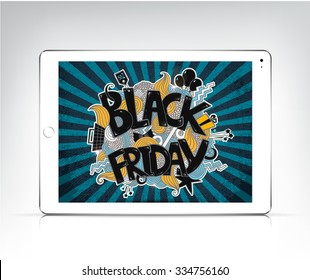 Vector black friday banner showing in the screen of white tablet pc, ipad. Poster, advertising