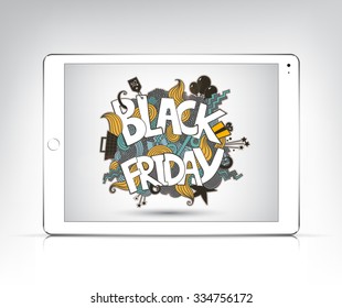 Vector black friday banner showing in the screen of white tablet pc, ipad. Poster, advertising