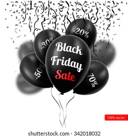 Vector. Black Friday. A bunch of black balloons isolated on white background. Black balloons with discounts on a ribbon. Sales. Black confetti on a white background.