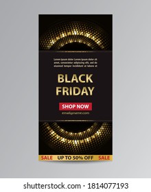 Vector Black Friday flyer with golden neon halftones circles on black background.