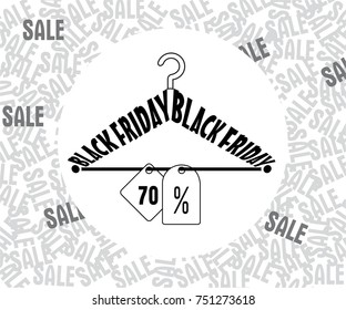 Vector Black Friday in the form of shoulders with seventy percent label against the background of picture with black word Sale. Big Sale. For shops, for posters, for advertising, for magazines.