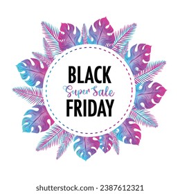 Vector Black Friday Frame with Glowing Neon Light Tropical Palm Leaves Frame Neon Magenta and Blue Palm Leaves Round Frame Modern and Trendy Super Sale on a Shopping Tag Paper Banner Template