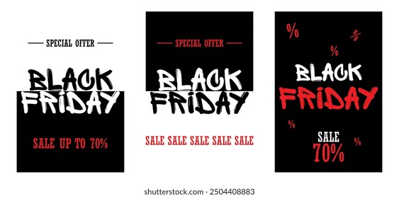 Vector Black Friday grunge poster collection. Black Friday Special Offer 70 % sale  for promotion, ad and web design.